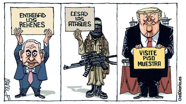 Netanyahu: Entregade os reféns
Palestinos: Parade os aqtaques
Trump: Visite o nosso piso mestre.