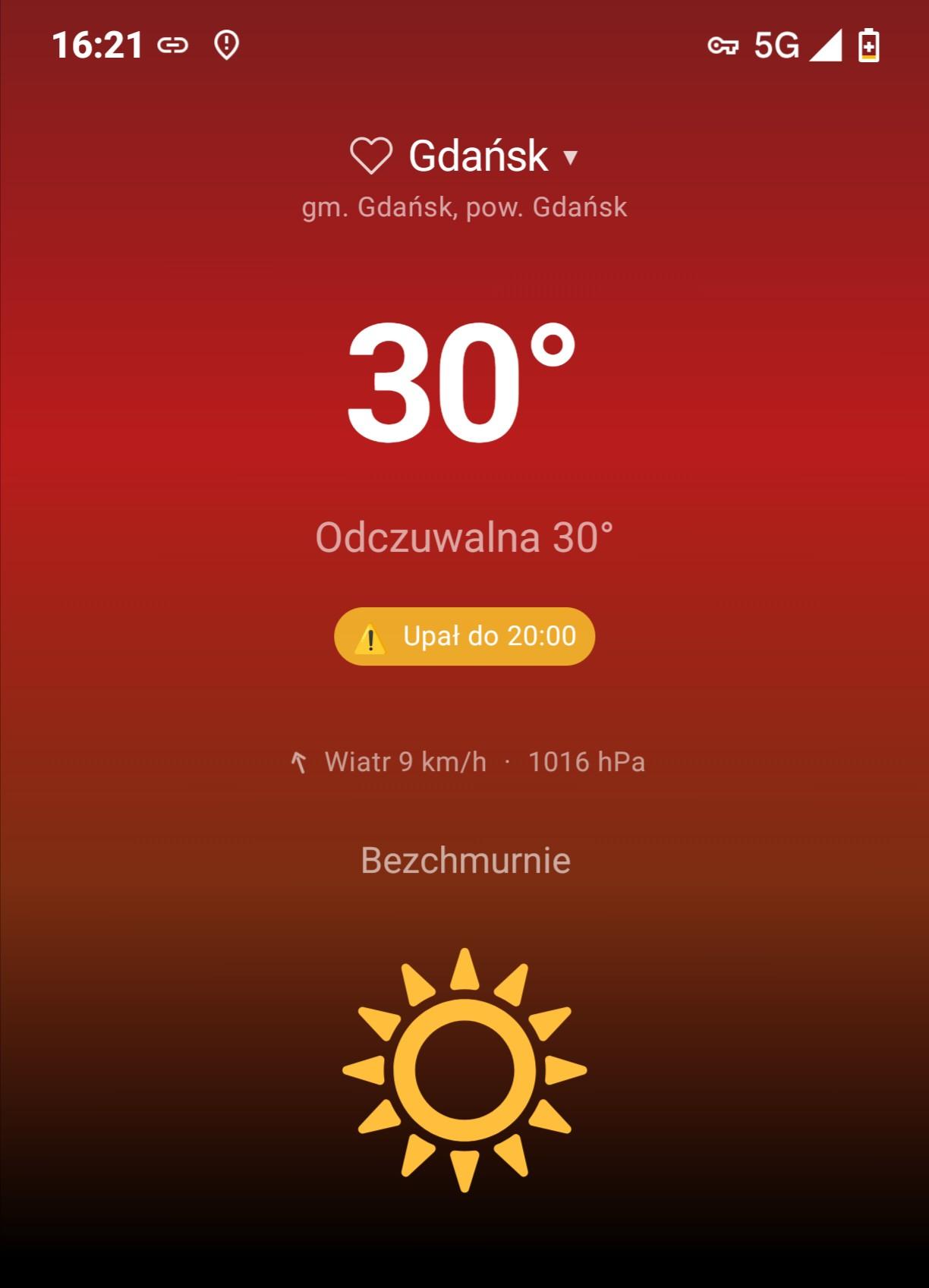 Previsión metereolóxica amosando 30°c as 16:00 en Gdańsk, norte de Polonia.